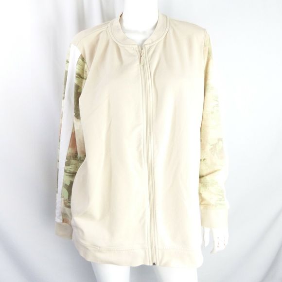 Denim & Co. Active Bomber Jacket with Print Detail NEW STONE 1X A354160 - Picture 2 of 8